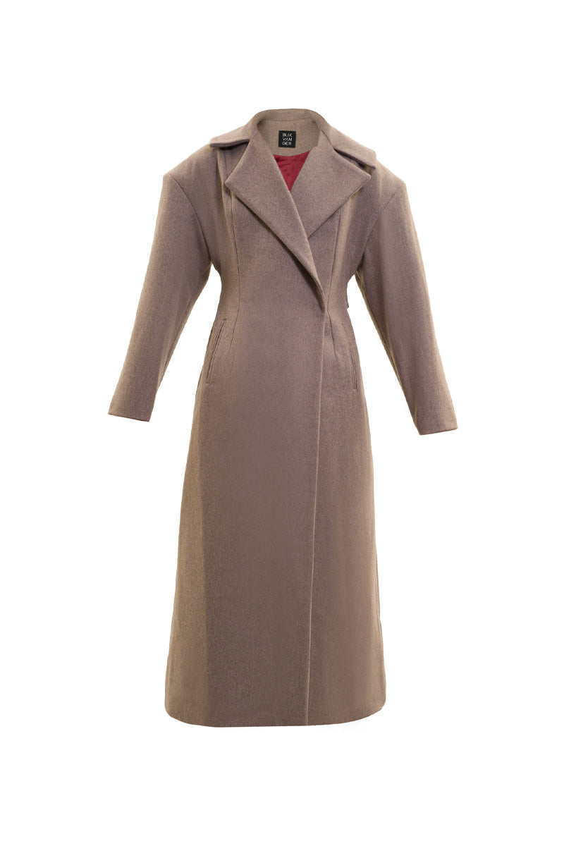 Long hazelnut beige coat by Blikvanger, stylish outerwear with a tailored fit and classic collar, displayed on a hanger.