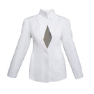 White high-neck pleated blazer by Blikvanger, featuring structured design and elegant tailoring, displayed on a mannequin.
