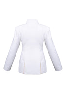 White high-neck pleated blazer by Blikvanger featuring a tailored fit and sophisticated design, shown on a hanger.