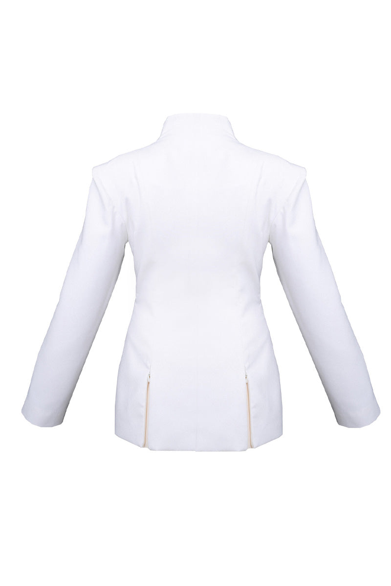 White high-neck pleated blazer by Blikvanger featuring a tailored fit and sophisticated design, shown on a hanger.