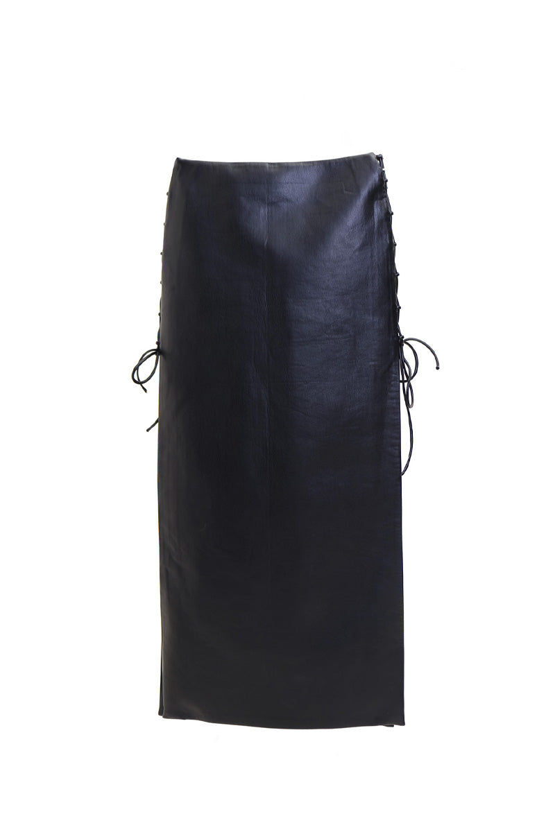 RIBBONED FAUX LEATHER MAXI SKIRT - CULT MIA