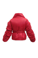 Red ruched sleeve puffer jacket by Blikvanger, featuring a fitted design and quilted texture, ideal for cold weather.