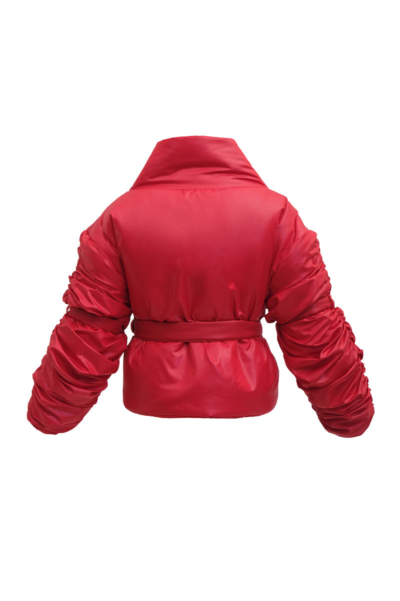 Red ruched sleeve puffer jacket by Blikvanger, featuring a fitted design and quilted texture, ideal for cold weather.