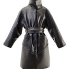 Black faux leather high-neck trench coat by Blikvanger, stylish long coat with collar and button details.