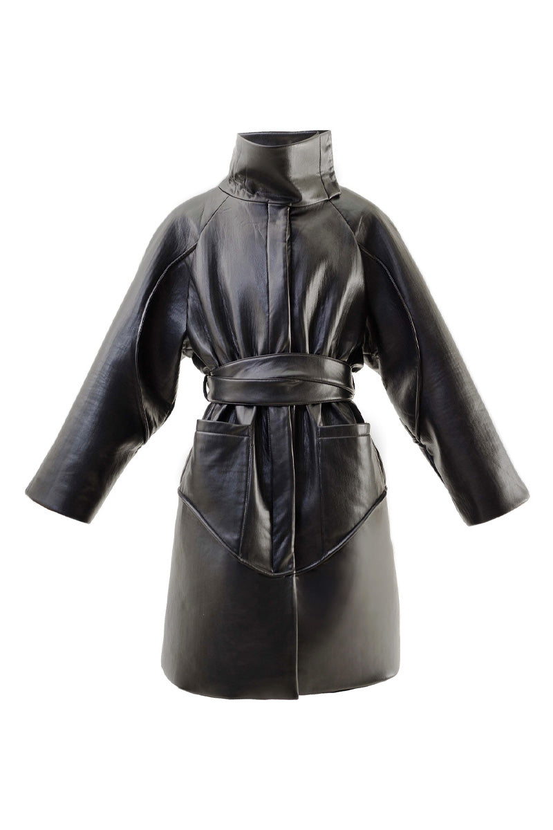 HIGH-NECK BLACK FAUX LEATHER TRENCH COAT - CULT MIA