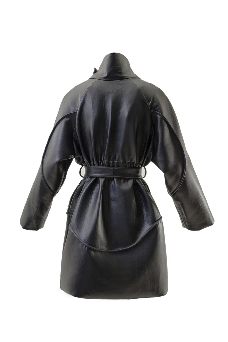 Black faux leather high-neck trench coat by Blikvanger, featuring a stylish high collar and sleek, tailored fit.