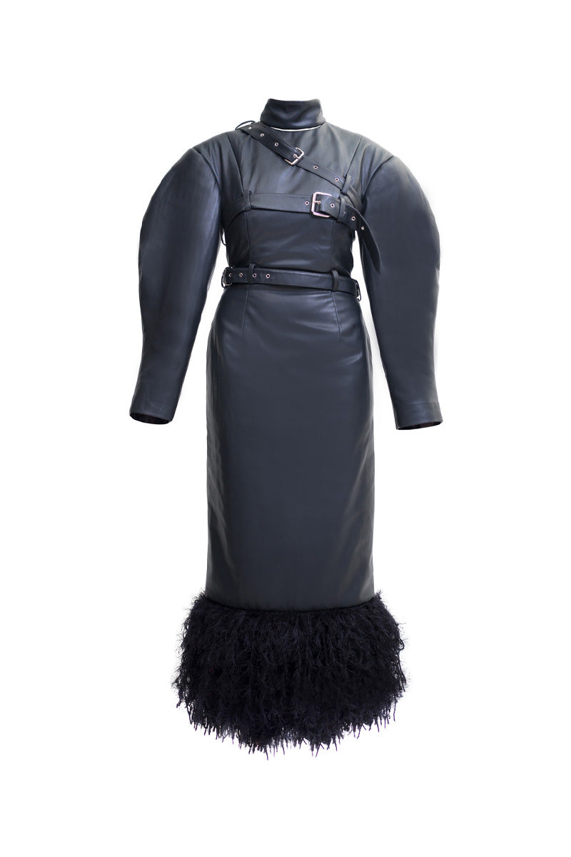 HIGH-NECK FRINGED FAUX LEATHER DRESS - CULT MIA