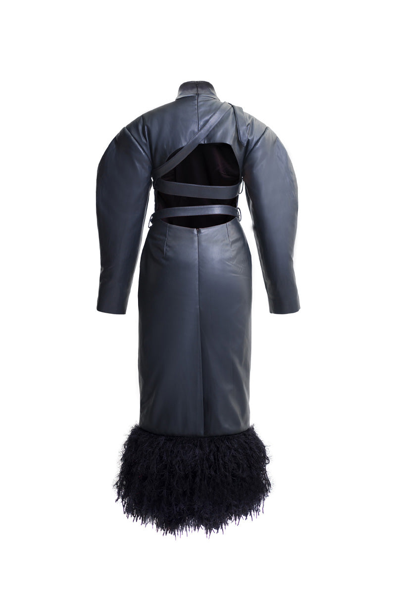 HIGH-NECK FRINGED FAUX LEATHER DRESS - CULT MIA
