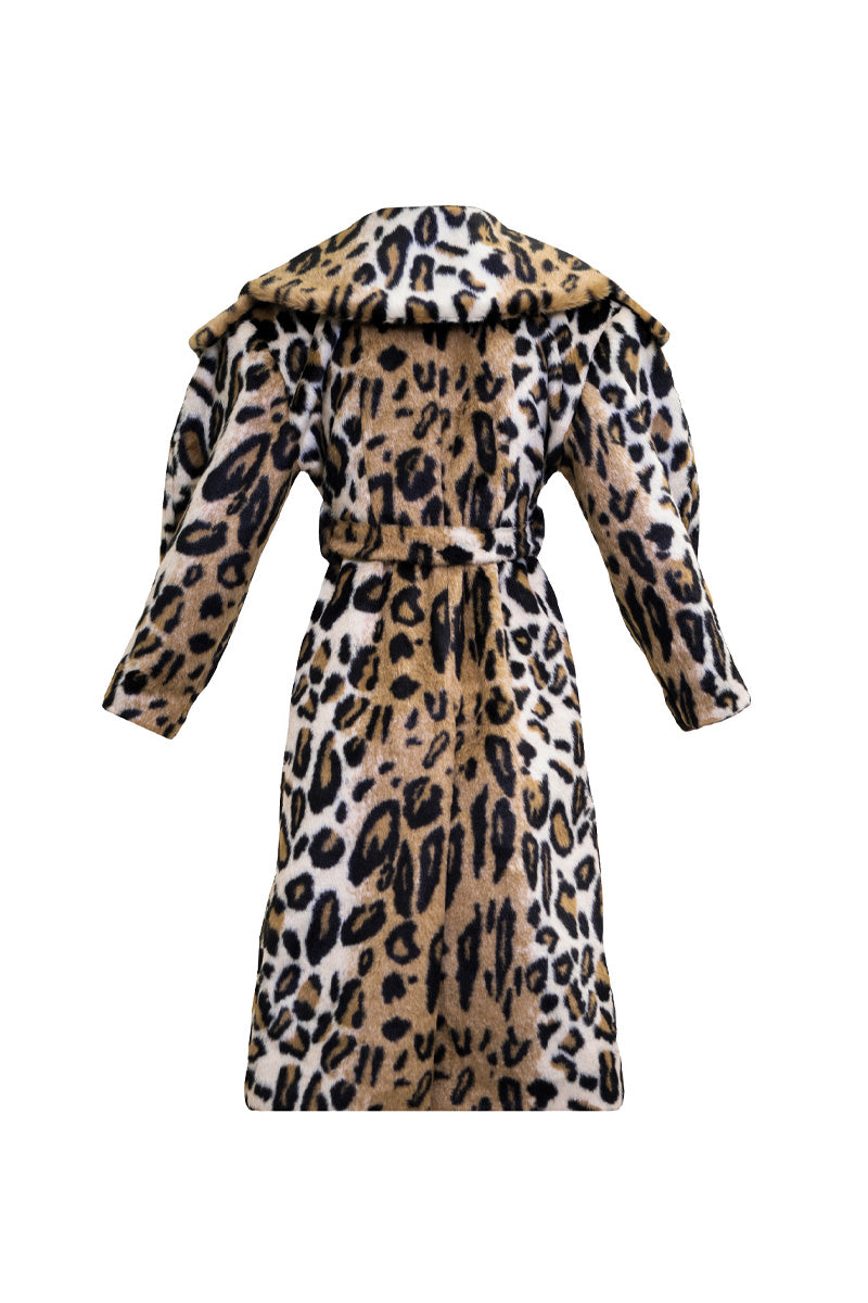 Blikvanger leopard faux fur coat hanging on a rack, showcasing its stylish animal print and plush texture.