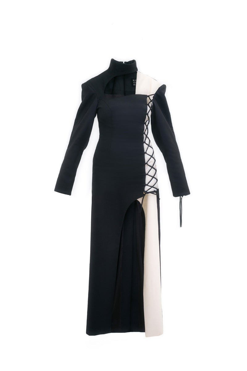 BLACK AND MILKY HIGH-NECK DRESS - CULT MIA