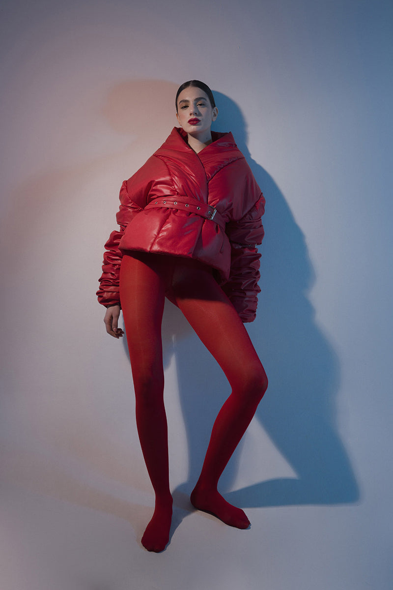 RED RUCHED SLEEVE PUFFER JACKET - CULT MIA