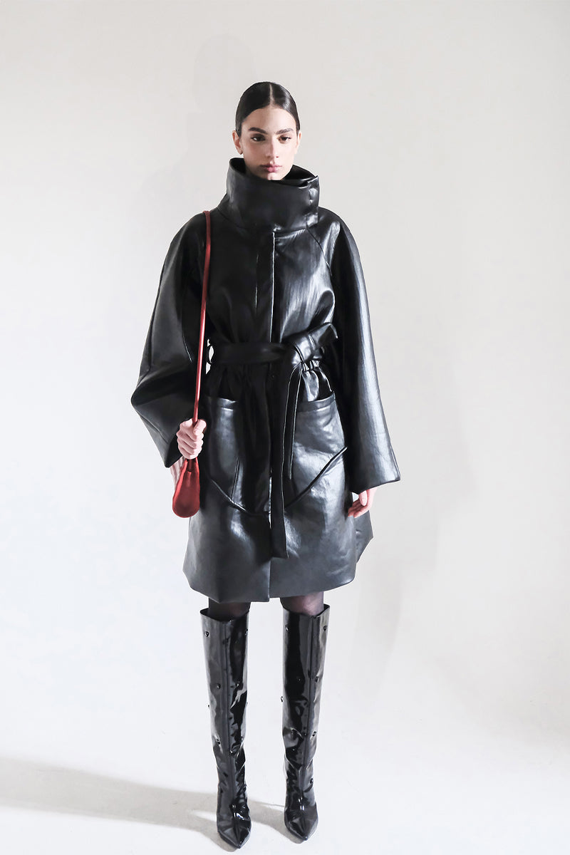 HIGH-NECK BLACK FAUX LEATHER TRENCH COAT - CULT MIA