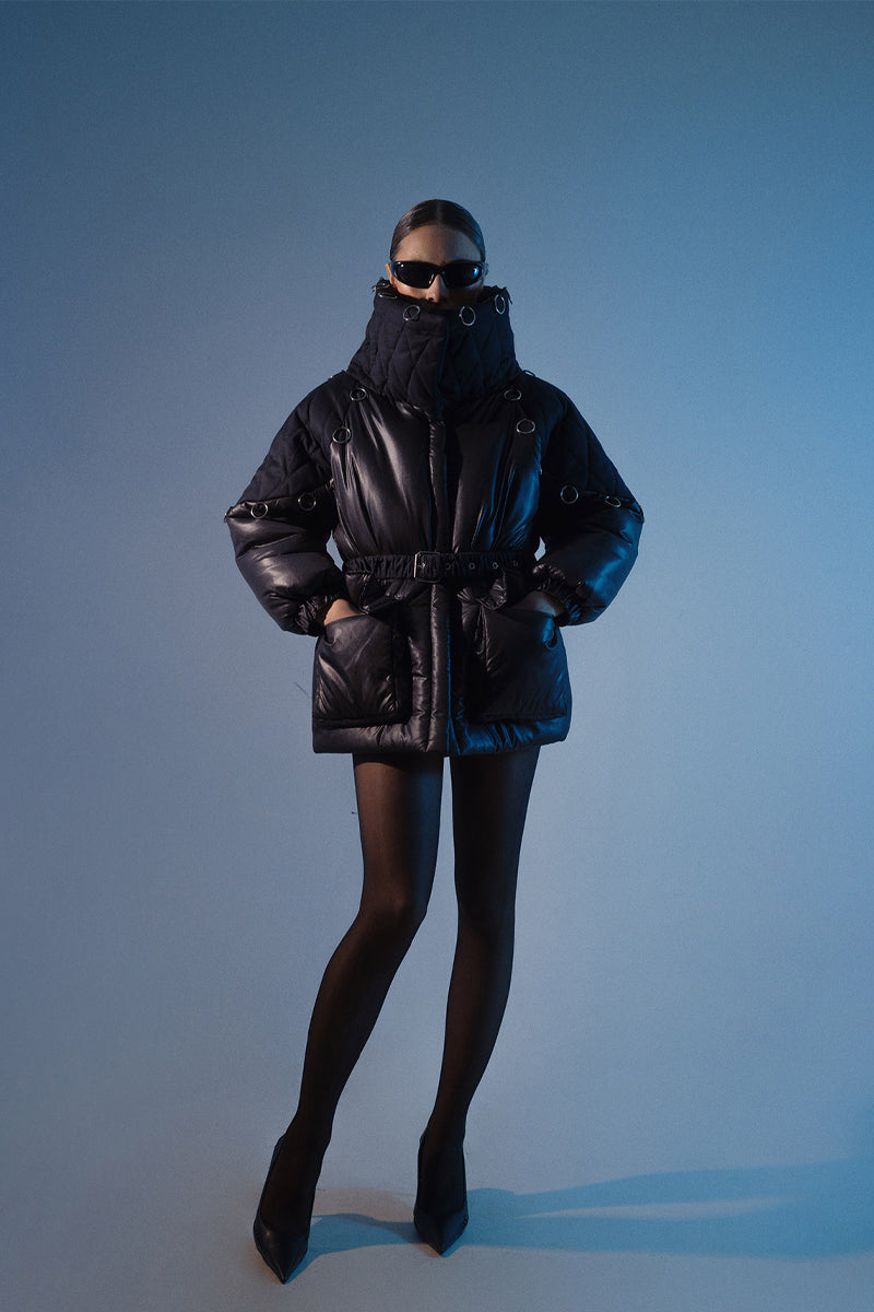 BLACK HIGH-NECK PUFFER JACKET - CULT MIA