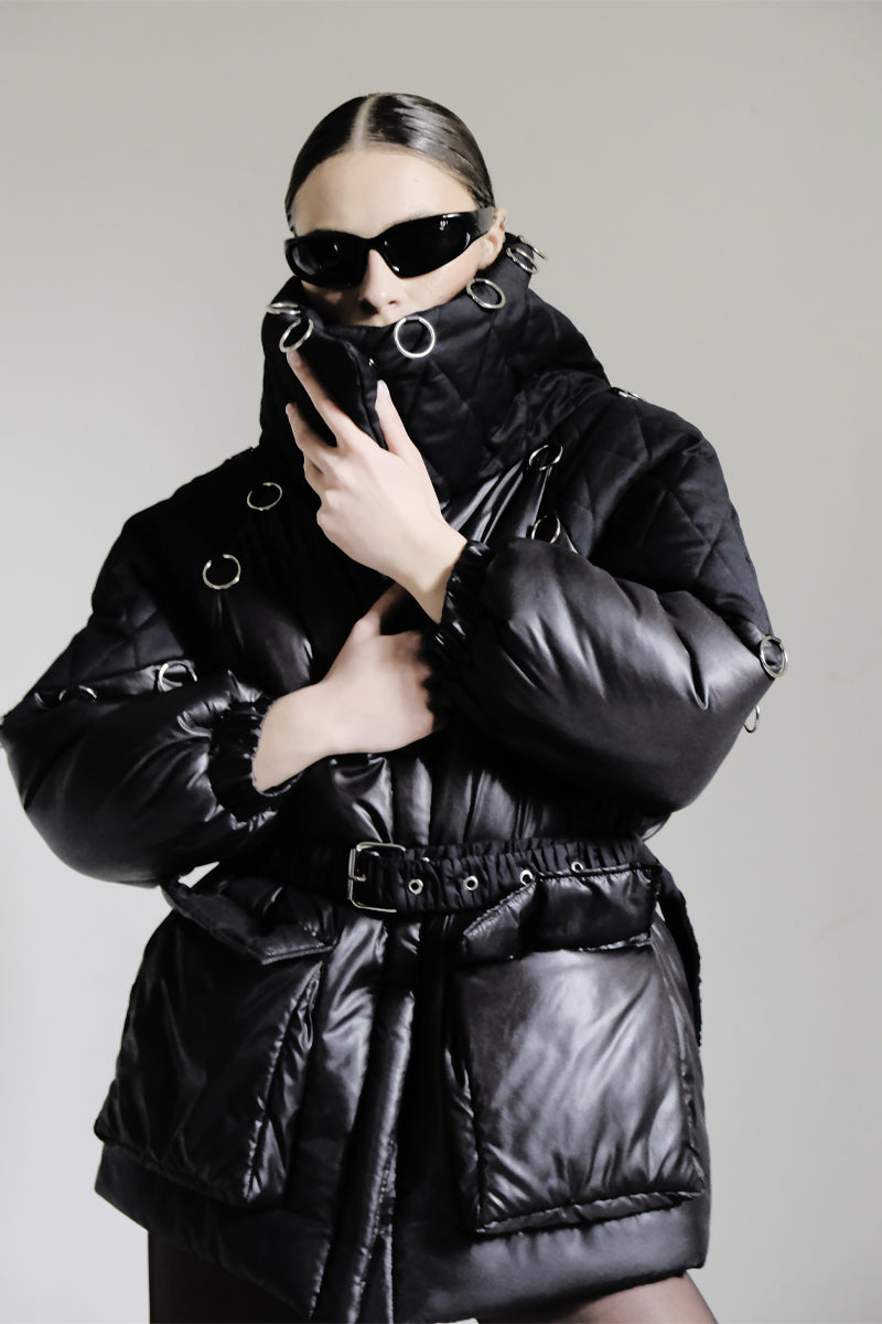 BLACK HIGH-NECK PUFFER JACKET - CULT MIA