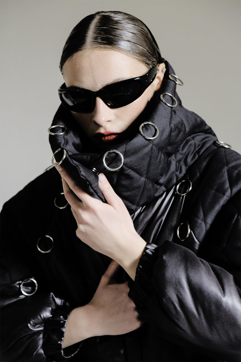 BLACK HIGH-NECK PUFFER JACKET - CULT MIA