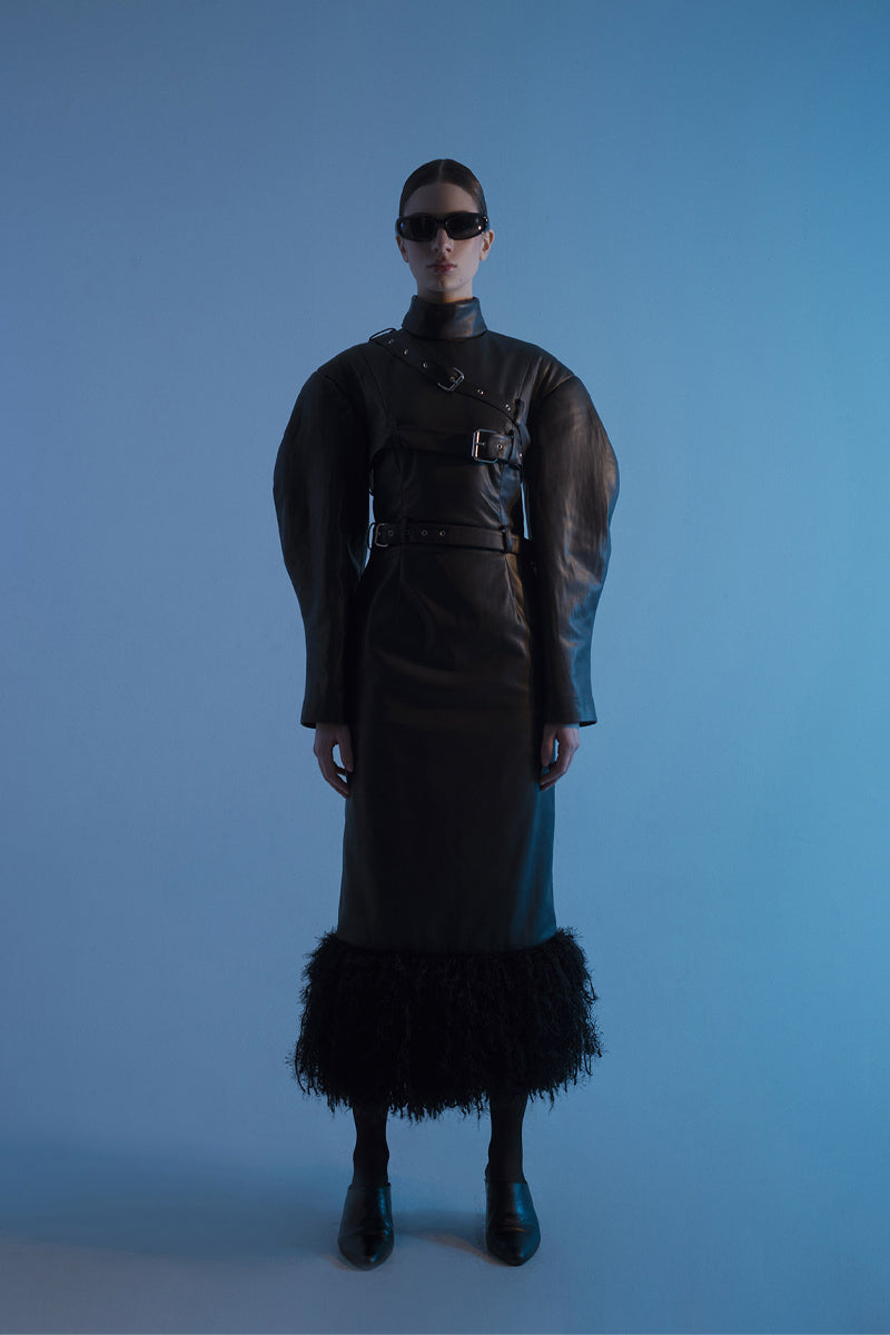 HIGH-NECK FRINGED FAUX LEATHER DRESS - CULT MIA
