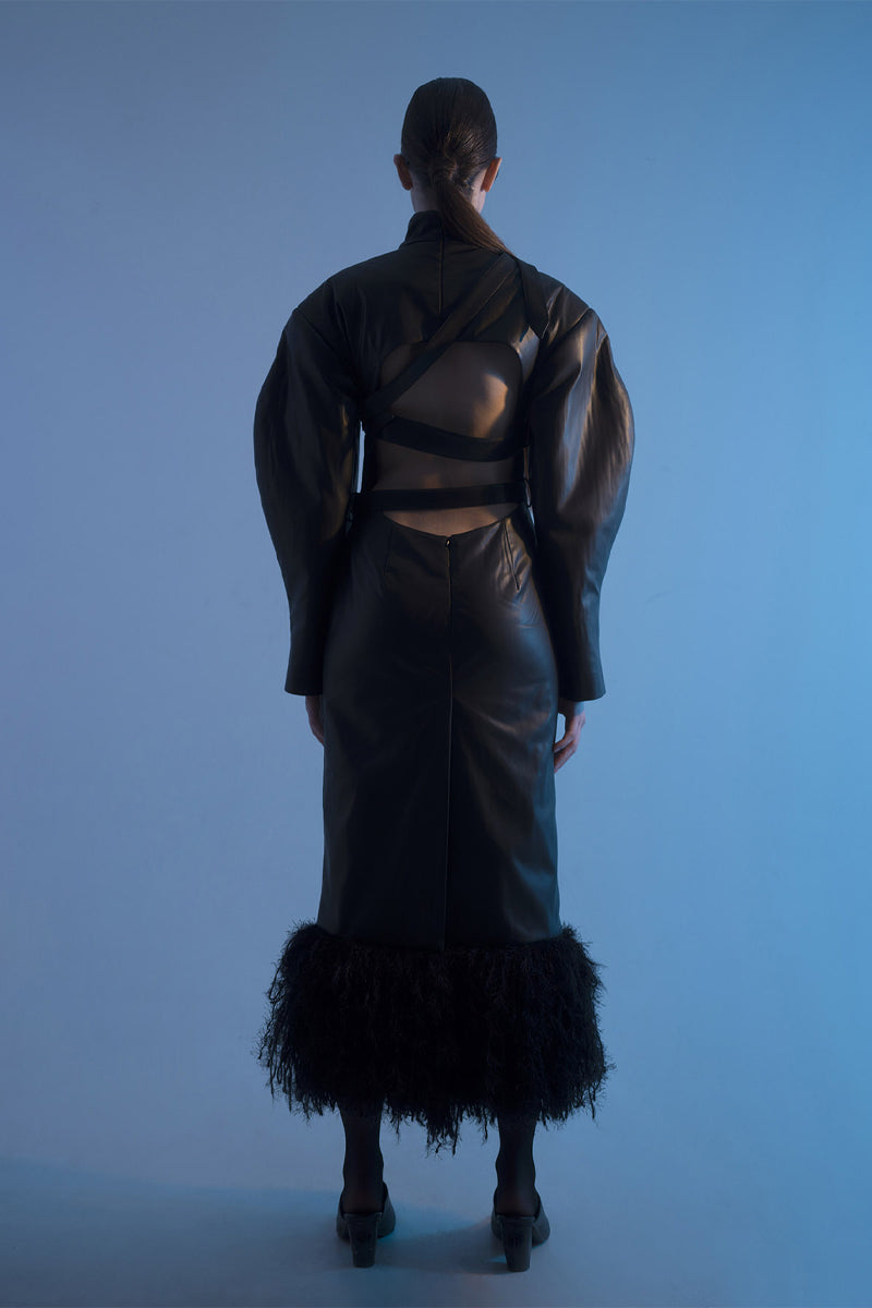 HIGH-NECK FRINGED FAUX LEATHER DRESS - CULT MIA
