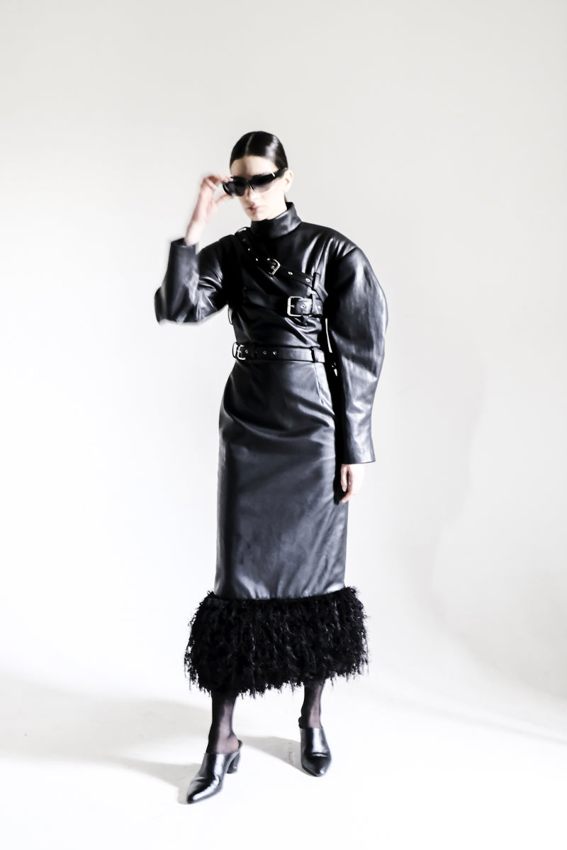 HIGH-NECK FRINGED FAUX LEATHER DRESS - CULT MIA