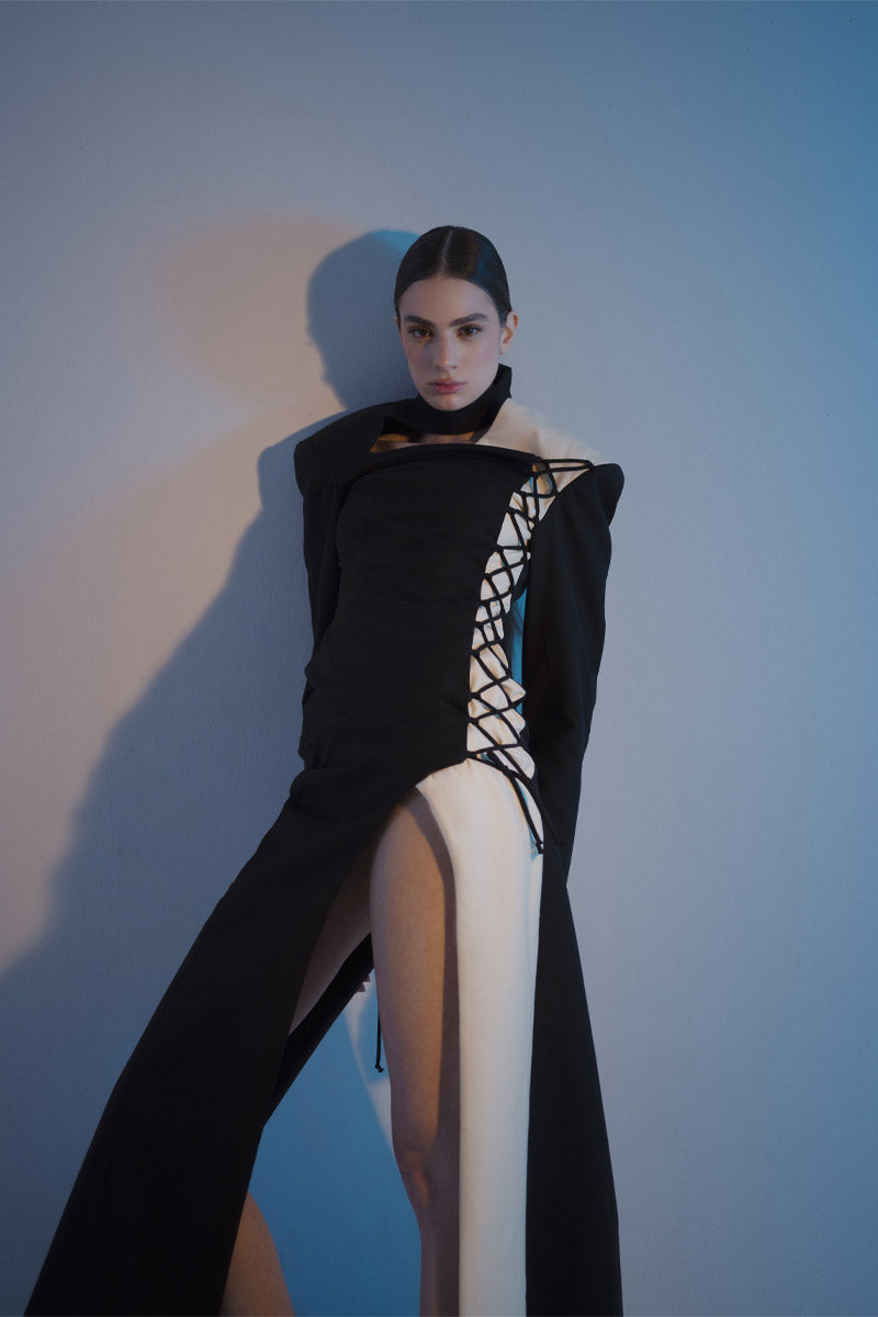 BLACK AND MILKY HIGH-NECK DRESS - CULT MIA