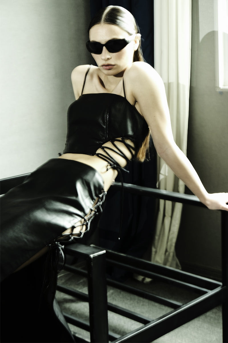 RIBBONED FAUX LEATHER CROP TOP - CULT MIA