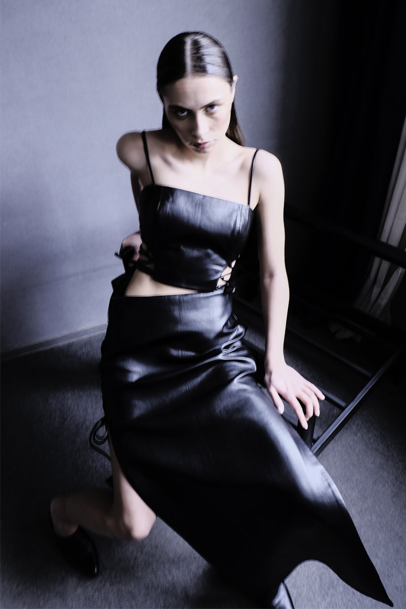 RIBBONED FAUX LEATHER CROP TOP - CULT MIA