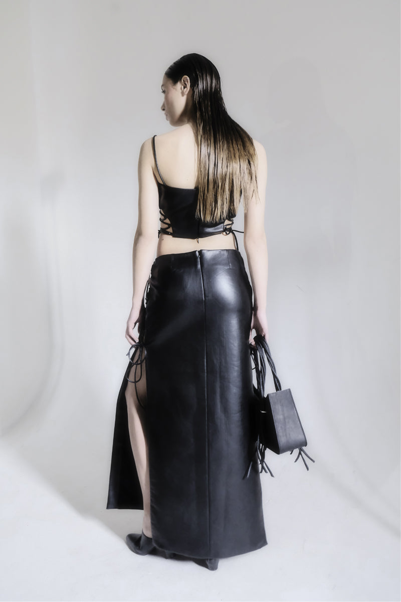 RIBBONED FAUX LEATHER CROP TOP - CULT MIA