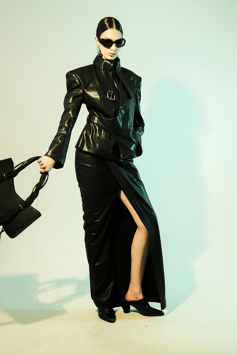 FAUX LEATHER BELT-NECK BLAZER - CULT MIA