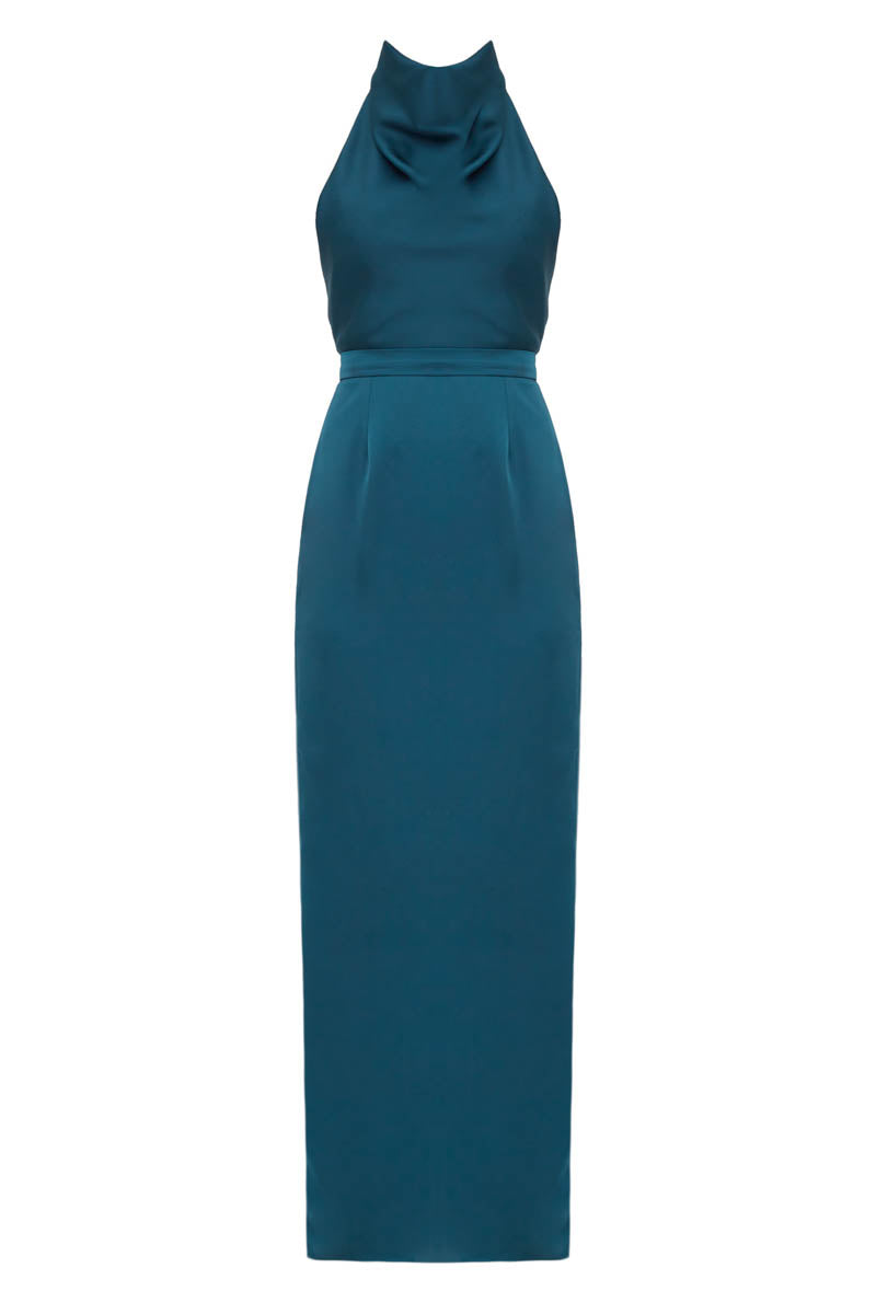 CASANDRA BLUE MAXI EVENING DRESS WITH COWL NECK - CULT MIA