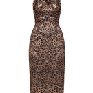 Undress Lara metallic animal print midi cowl neck dress displayed on a hanger with a sleek, shiny finish.