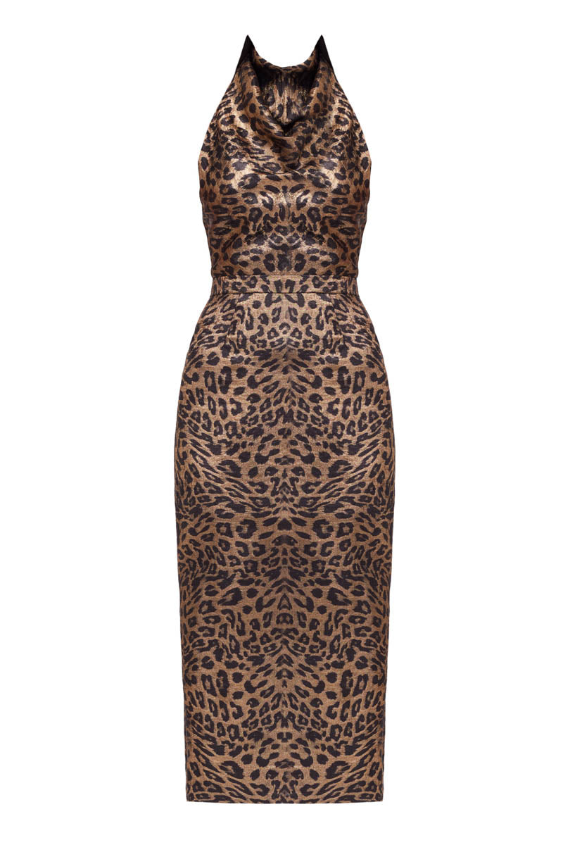 LARA METALLIC ANIMAL PRINT MIDI COWL NECK DRESS - CULT MIA