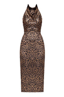 Undress Lara metallic animal print midi cowl neck dress displayed on a hanger with a sleek, shiny finish.