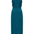 Undress Lara teal blue jacquard fabric midi dress with cowl neck, showcasing elegant design and detailed pattern.