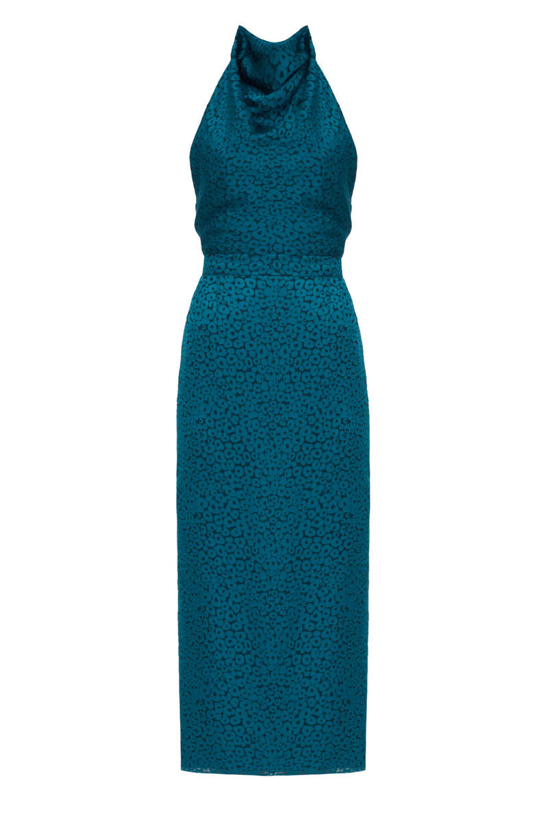 LARA TEAL BLUE JACQUARD FABRIC MIDI DRESS WITH COWL NECK - CULT MIA