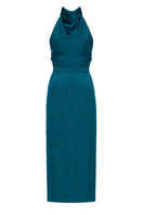 Undress Lara teal blue jacquard fabric midi dress with cowl neck, showcasing elegant design and detailed pattern.