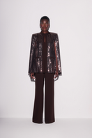 Lili Blanc shimmering sequin cape blazer in brown, front view showing elegant design and sparkling sequins.