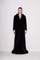Black vegan fur maxi coat by Lili Blanc, front view showcasing plush texture and elegant length.