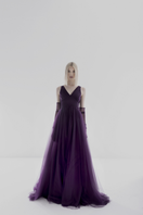Purple Lili Blanc Ethereal Tulle A-line gown with flowing tulle fabric and elegant silhouette for formal occasions.