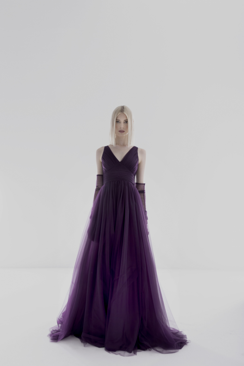 Purple Lili Blanc Ethereal Tulle A-line gown with flowing tulle fabric and elegant silhouette for formal occasions.