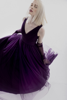 Lili Blanc purple tulle A-line gown with flowing skirt and elegant design, perfect for formal occasions.
