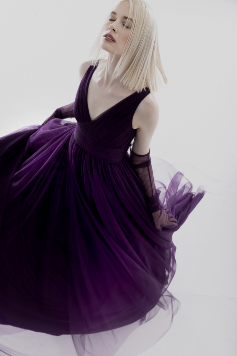 Lili Blanc purple tulle A-line gown with flowing skirt and elegant design, perfect for formal occasions.