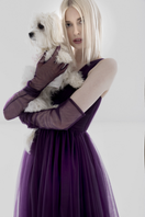 Lili Blanc purple tulle A-line gown with flowing skirt and elegant design, perfect for formal occasions.