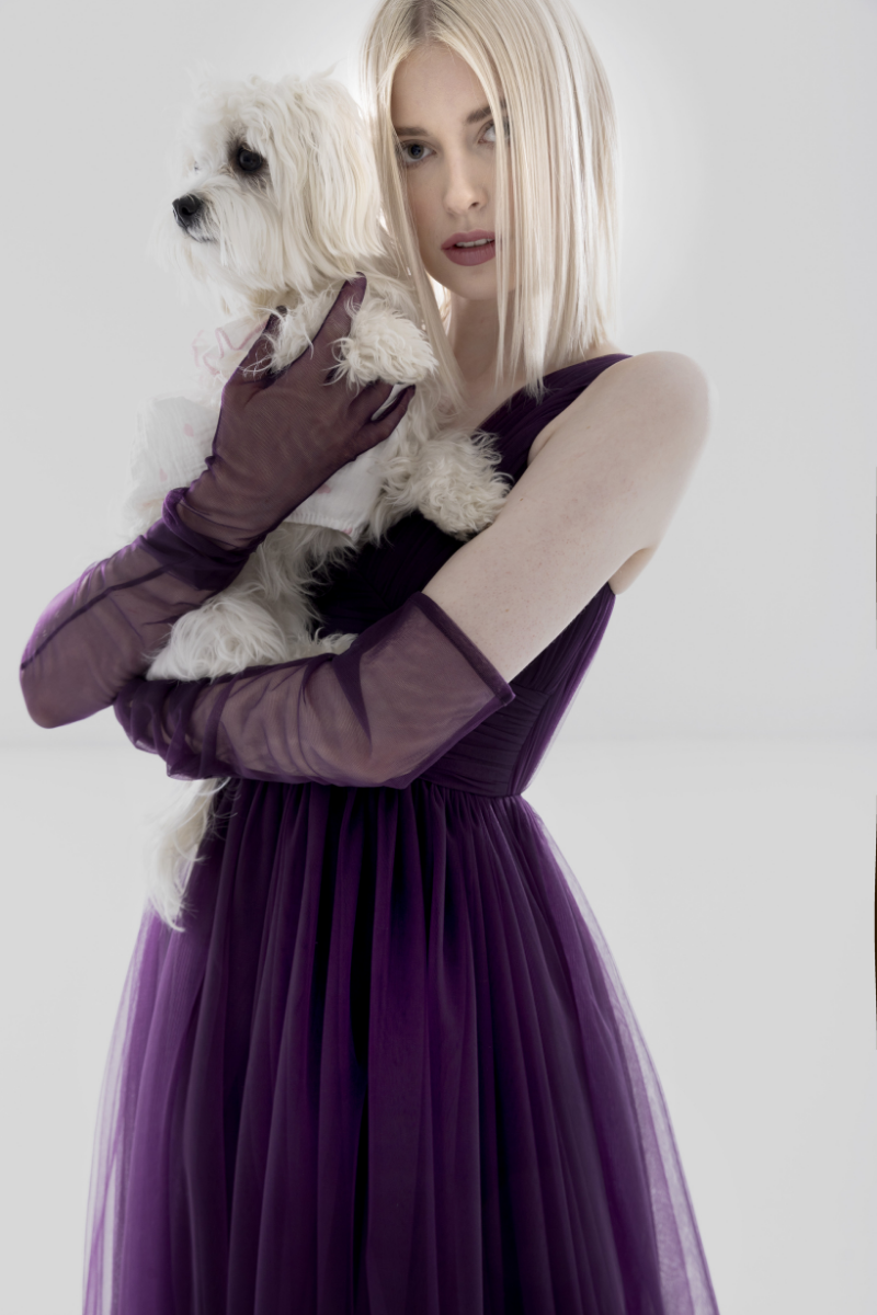 Lili Blanc purple tulle A-line gown with flowing skirt and elegant design, perfect for formal occasions.