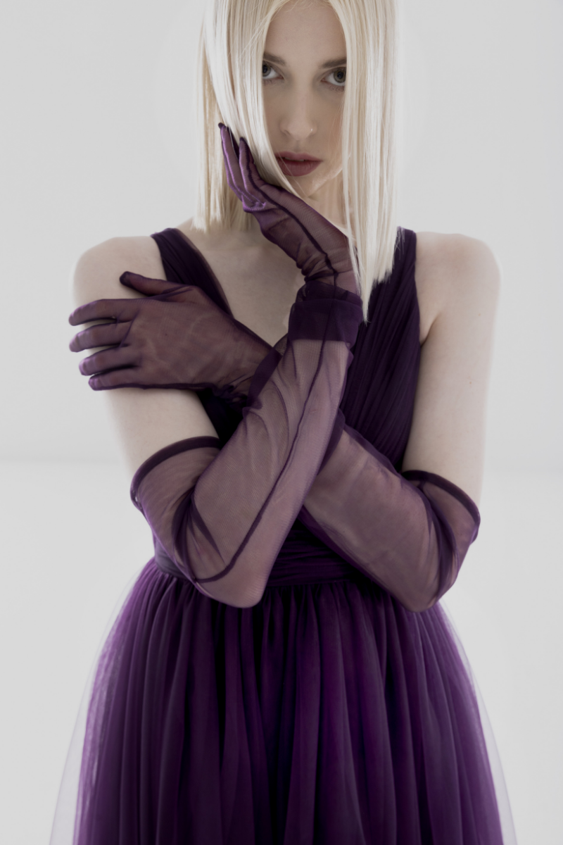 Purple Lili Blanc Ethereal Tulle A-line gown with flowing fabric and elegant design, perfect for formal occasions.