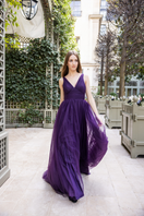 Lili Blanc purple tulle A-line gown with flowing silhouette and delicate fabric, perfect for formal occasions.