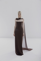 Brown Lili Blanc crepe and chiffon caped gown, elegant evening dress with flowing fabric and sophisticated design.