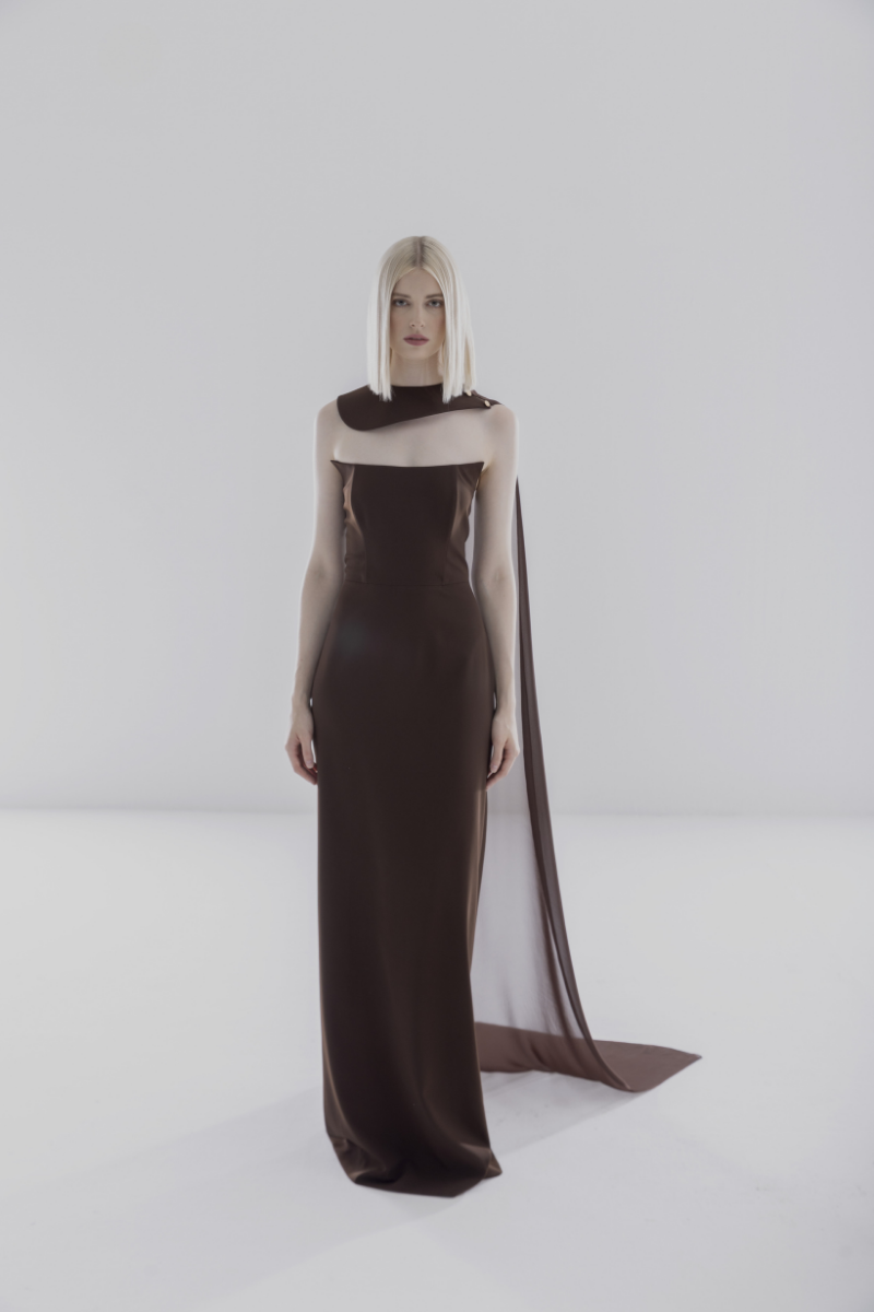 Brown Lili Blanc crepe and chiffon caped gown, elegant evening dress with flowing fabric and sophisticated design.