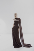 Lili Blanc elegant crepe and chiffon brown caped gown, shown front view with flowing fabric and detailed cape design.