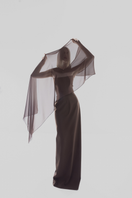 Brown crepe and chiffon caped gown by Lili Blanc, elegant evening dress with flowing cape and sophisticated style.