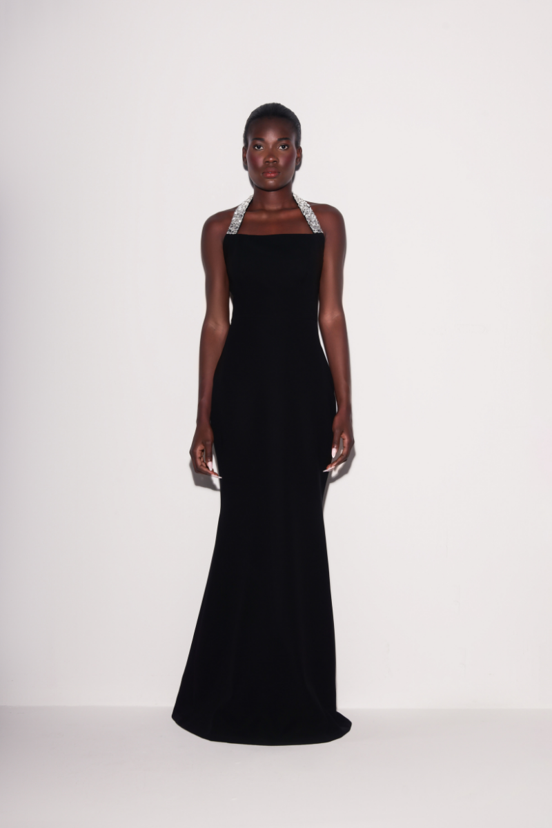 Black Lili Blanc refined power gown, front view showcasing elegant design and tailored fit.