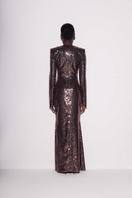 Back view of Lili Blanc lustrous brown sequin gown featuring shimmering sequins and elegant design for formal occasions.